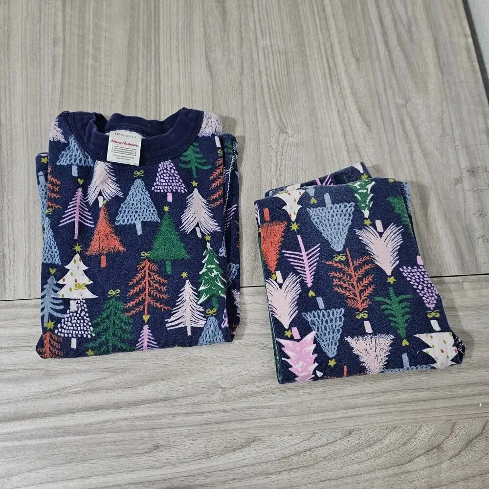 Hanna Andersson Pajama Set Winter Christmas Tree Print Dark Blue Long Sleeve 6-7